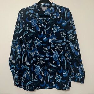 Pure Collection 100% Silk Floral‎ Button-Up Blouse Size 8-10 Navy Blue